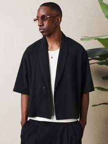 SUMWON 超大款短袖披肩领纽扣衬衫，休闲夏季轻薄宽松开襟衫式上衣，纯色 - 黑色 - 查看 4