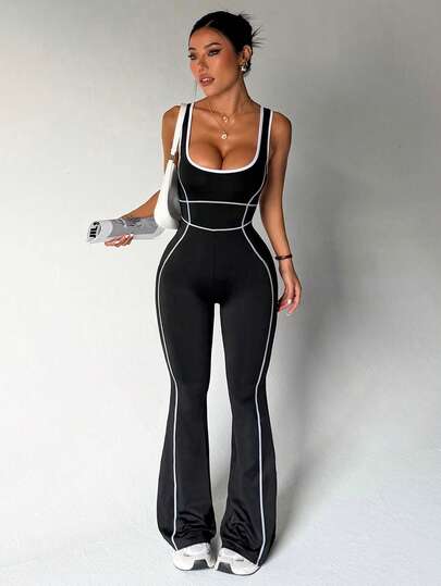 With My Calm Women's Yoga Outdoor Fitness Jumpsuit With Wide Strap, Tight Fit Flared Pants With Contrast Color Stripes Yoga Jumpsuit Activewear Jumpsuit