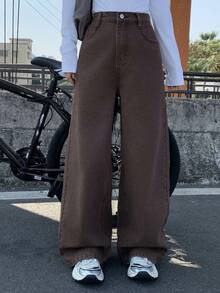 DAZY Teen GirlSolid Color Simple Jeans - Brown - View 5