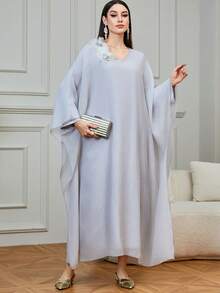 Al Najma Women's Chiffon Poncho With 3D Floral Decor, V-Neck Loose Fit Tunic - Light Grey - View 6