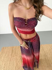 Aloruh Dark Purple Summer Boho Beach Holiday Women's 2 Pieces Skirt Set,Ombre Animal Print Strapless Metal Decor Ruched Top & Low Waist High Slit A-Line Skirt - Multicolor - View 3