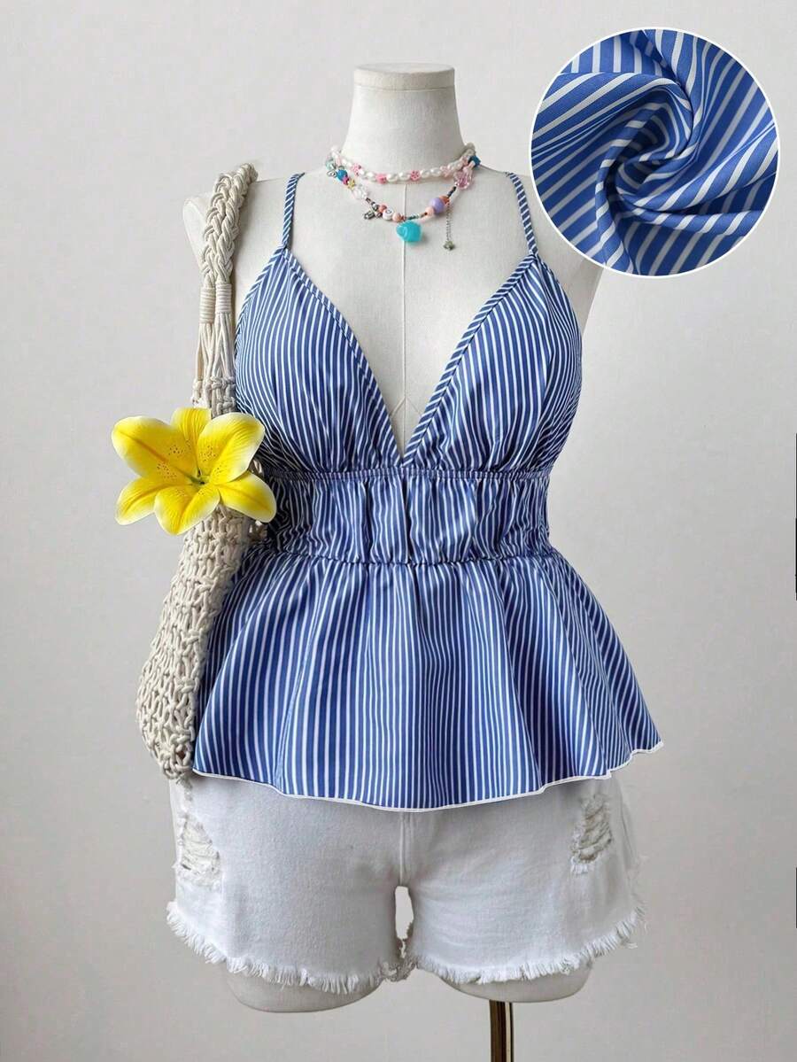 SHEIN CURVE+ 大码女式吊带荷叶边条纹背心，夏季 - 藍色 - 查看 1