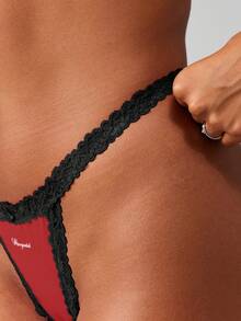 MISSGUIDED Lace Trim Embroidered Thong With Text Print For Women Intimate Underwear Lingerie - Red - View 5