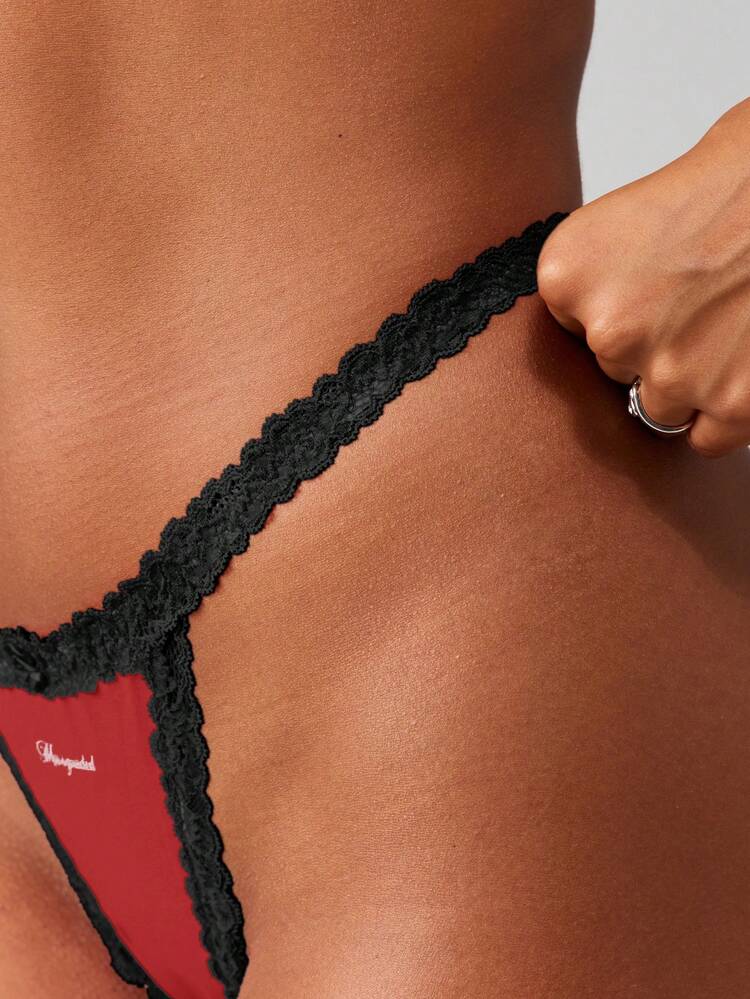 MISSGUIDED Lace Trim Embroidered Thong With Text Print For Women Intimate Underwear Lingerie