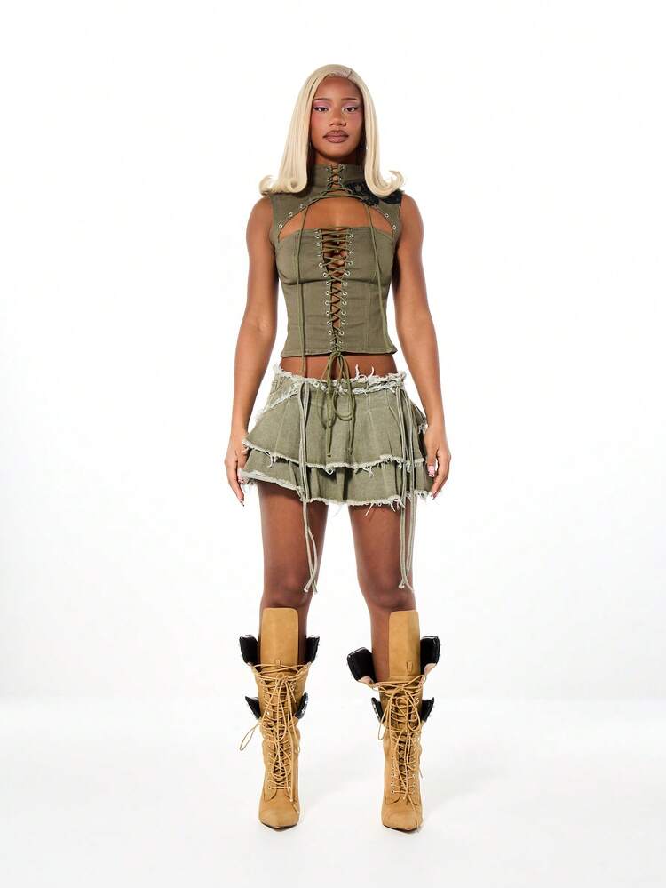SUMWON WOMEN Women's Olive Green Layered Distressed Micro Mini Skirt With Frayed Edges And Tiered Ruffle Design For Festival And Casual Wear