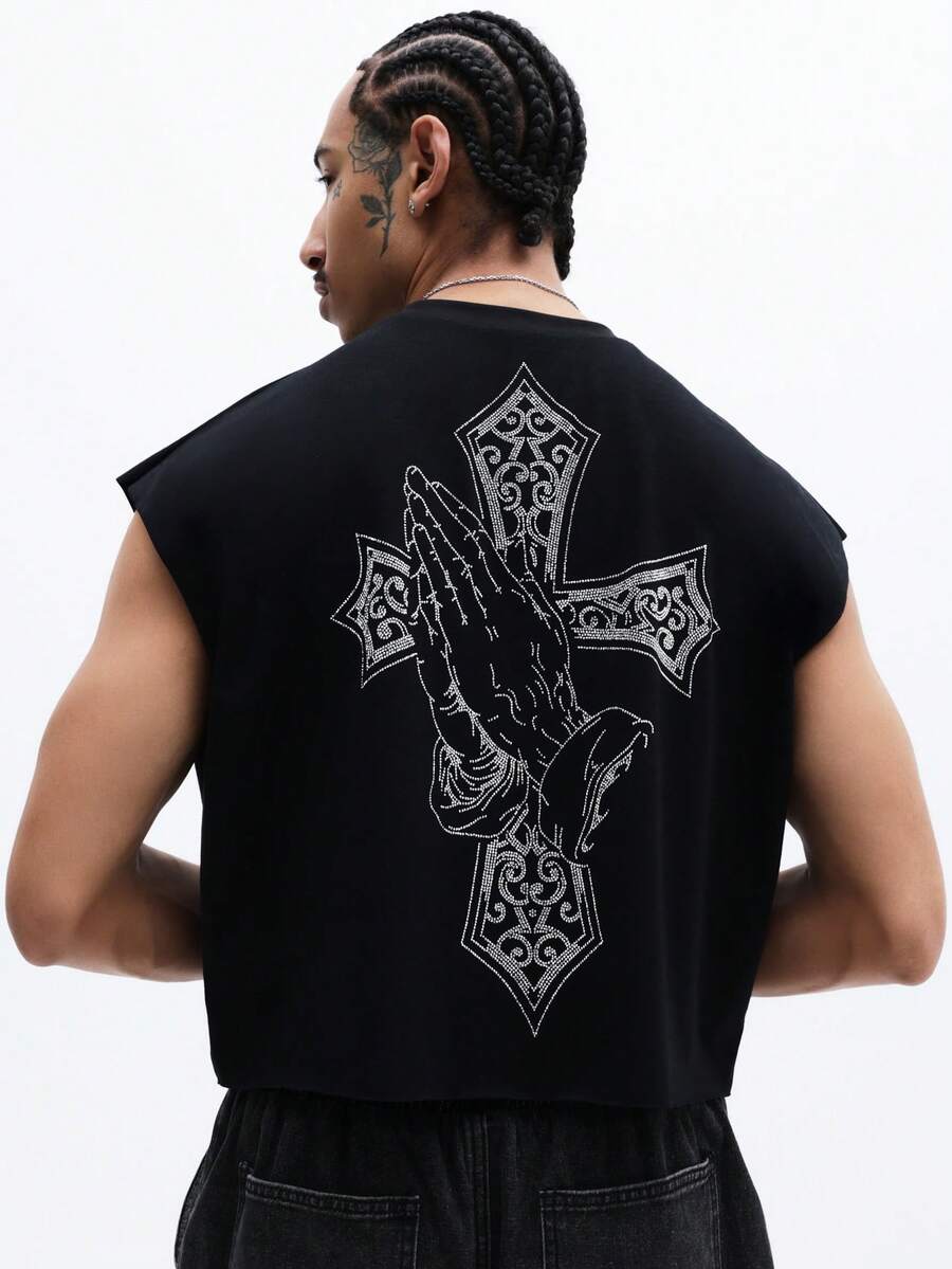 SUMWON Áo tank top không tay in hình chữ thập và bàn tay cầu nguyện, thiết kế lấy cảm hứng từ đức tin, cổ tròn, dáng regular fit, thích hợp cho mùa hè và mặc thường ngày. - màu đen - Xem 1
