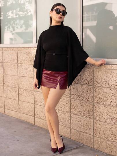 Andrea Bello 女士纯色高领喇叭袖休闲上衣