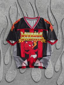SHEIN HOT STUFF Tween Boy Cartoon Graphic V-Neck Short Sleeve Breathable Casual Sports T-Shirt, Summer - Black - View 1