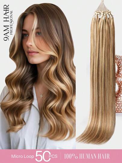Micro Loop Hair Extensions 100% Human Hair Color #P4/27/613 Middle Brown Highlighted Blonde 14-22 Inch Straight 50 Strands /Pack Invisible Beads Thick Micro Ring Loop Hair Extensions With Fishing Line No Glue Needed Easy To Shape For Thin Hair And Salon Use All Women/Girls Daily Use