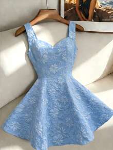 Elenzga New Square Neck Sleeveless Jacquard Backless Tie Design Elegant Young Versatile Women Short Dress - Blue - View 7