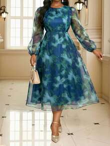 Fleurora 大码女士优雅印花长袖连衣裙 - 綠色 - 查看 9