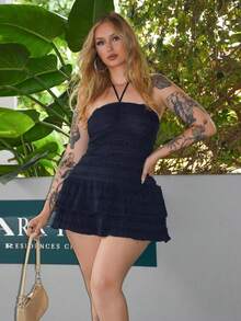 Arliah Vestido corto de verano para mujer con cuello halter, nudo en la cintura y volantes - Azul Marino - Ver 3