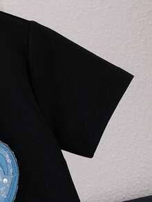 2pcs/Set Girls (Small) Black Cherry Print Short Sleeve T-Shirt Top And Blue Bow Pocket Straight Pants Casual Summer Children Cute Outfit - Black - View 6