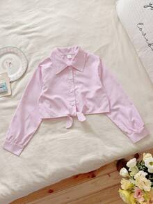 SHEIN Vintaside Kids 少女春季粉白条纹学院风翻领衬衫，适合休闲外出、上学、与朋友聚会、派对、情人节等场合。 - 粉色 - 查看 3