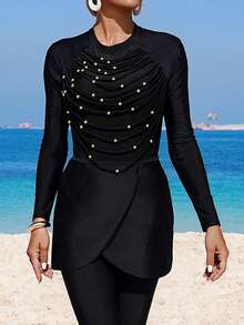 SHEIN Swim Mulvari Bộ Burkini 3 món dành cho nữ, đính cườm và tua rua: Áo Burkini, quần Burkini và váy quấn. - màu đen - Xem 4