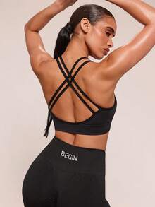 SHEIN BAE Conjunto deportivo casual de mujer compuesto por top de tirantes finos con espalda cruzada y pantalón de un solo color, conjunto de ropa deportiva minimalista para mujer - Negro - Ver 4