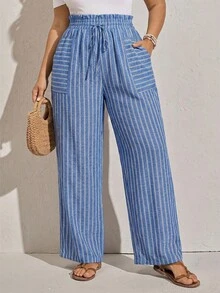 Zelara Plus Size Women's Valentine Striped Print Summer High Waist Loose Casual Pants With Pockets, Suitable For Fall And Autumn - Multicolor - View 9