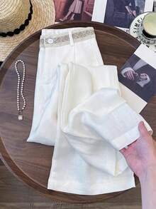 GlowEve Women's Summer Fashion Woven Belt Casual Wide Leg Pants, Loose Linen Drape Relaxed Long Trousers, Suitable For Daily Outings And Vacation - White - View 1