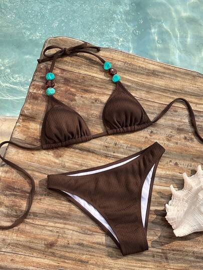 Swim Vcay Solid Color Fabric Multi-Color Stone Decor, Elegant Resort Women Swimwear Set