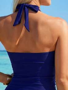 Swim Lushoire Women's Beach Vacation Metal Decor Ruffle Hem V-Neck Sexy Camisole Strap Bikini 3 Pieces Set - Navy Blue - View 5