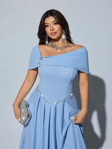 Viva Relle 大尺碼女款優雅無肩帶天藍色洋裝，A字收腰夏季婚禮賓客禮服，粉色調雞尾酒工作洋裝，春季淺藍色洋裝 - 藍色 - 查看 1
