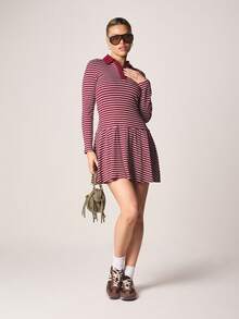 MISSGUIDED 秋冬休闲装长袖罗纹针织条纹 Polo 领迷你连衣裙，正面纽扣设计 - 紅色 - 查看 4