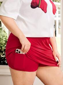 SHEIN EZwear 2026 Spring & Summer Valentine's Day Vacation New Style Casual Outdoor Daily Casual Party Date Music Festival Back To School New Year Comfortable Style White Short Sleeve T-Shirt With Plant Heart Print & Red Elastic Fitted Short Skort Contrast Color Plus Size 2-Piece Set - Multicolor - View 6