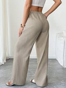 Flirla Petite Women's Solid Color Pocket Drawstring Loose Wide Leg Pants Fall Cloth For Women - Khaki - View 2