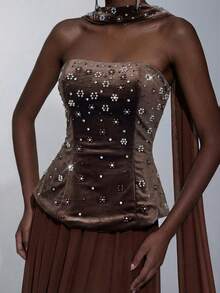 Elitara 优雅、浪漫、性感、简约、弹力丝绒面料、网纱拼接、水钻点缀、垂坠亮片装饰、加大码连衣裙、时尚、节日、度假、生日派对、婚礼、正式晚宴礼服 - 咖啡棕 - 查看 3