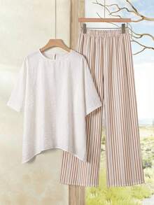 EMERY ROSE Women's Vacation Casual Solid Color Batwing Sleeve Shirt And Striped Pants 2-Piece Set Casual Outfit For Women   Casual Sets For Women  Summer Holiday Outfits Vacation Outfits For Women Ladies Casual Sets Two Piece Set Women Short Sleeve Summer Pants Sets Two Piece Set Women Comfy - White - View 9