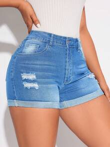 SHEIN Unity Women's Casual Versatile Everyday Denim Shorts With Pockets And Button Distressed Design - Medium Wash - View 5