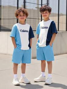 Vacaura 2pcs/Set Tween Boys' Blue, White & Navy Patchwork T-Shirt Paired With Blue Shorts, Soft & Comfortable Fabric, Suitable For Summer Outings, Photoshoots, School, And Various Occasions - Multicolor - View 3