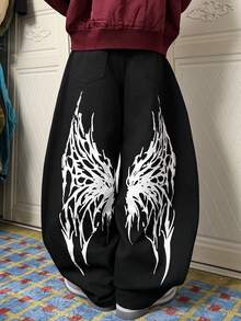 Manfinity EMRG Men's Graphic Print Slant Pocket Casual Loose Fit Jeans - Black - View 2