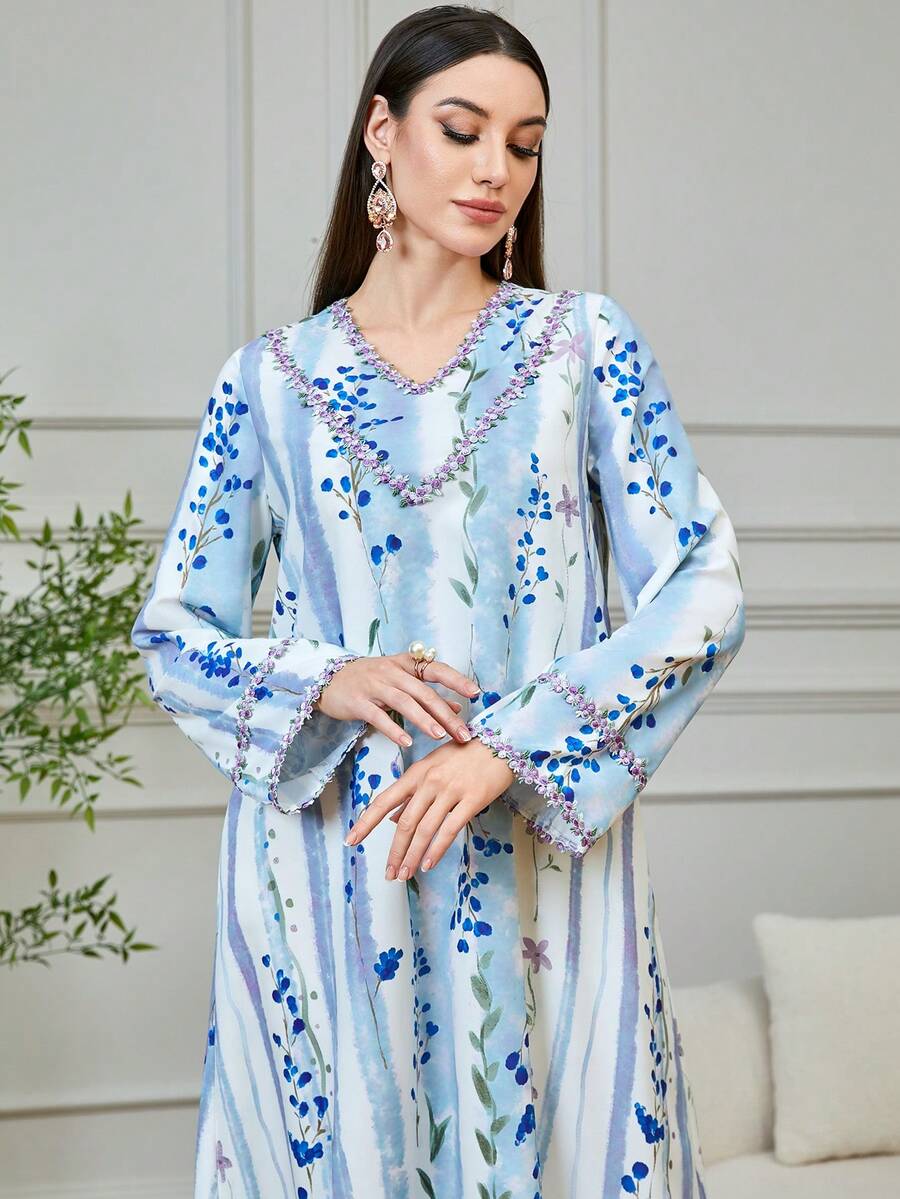 Yasmyna 女士碎花宽松长裙，适合日常穿着和度假 - 藍色 - 查看 1