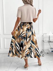 SHEIN Clasi Bộ đồ hai mảnh thanh lịch dành cho nữ, áo sơ mi ngắn tay và áo hai dây thiết kế âm dương thoải mái, trang phục thường ngày, mẫu mới cho mùa thu. - Màu vàng - Xem 2