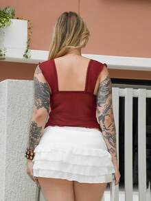 Arliah Women Ruched Front Slim-Fit Sexy Mesh Patchwork Tie Back Short Sleeveless Cami Top, Casual Vacation Top Ruffle Top - Burgundy - View 2