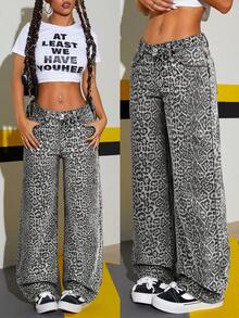SHEIN ICON Casual Low Waist Leopard Print Washed Slant Pocket Straight Leg Jeans - Light Grey - View 1