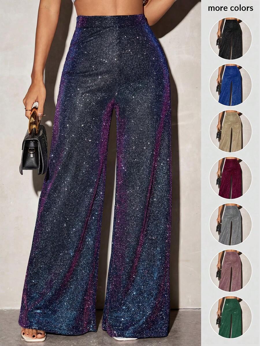 SHEIN SXY Quần ống rộng cạp cao dáng casual dành cho nữ, chất liệu vải dệt kim bóng. - Màu xanh lam - Xem 1