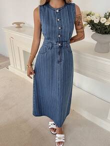 DAZY 无袖牛仔连衣裙，圆领设计，夏季女士牛仔连衣裙 - 藍色 - 查看 4