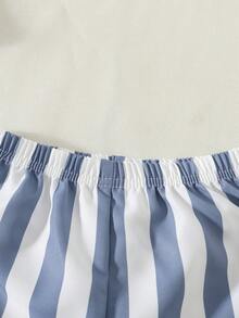 Playful Pals 两件套幼儿男童休闲时尚舒适印花圆领插肩袖上衣和条纹印花短裤，适合春夏户外玩耍和日常穿着。 - 藍色 - 查看 8