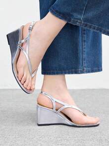 CUCCOO BIZCHIC Women's Fashionable Versatile Buckle Design Thick Bottom Wedge Sandals For Daily Wear - Silver - View 5