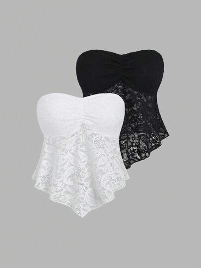 Sweetra 2pcs/Set Women Lace & Mesh Solid Color Camisole