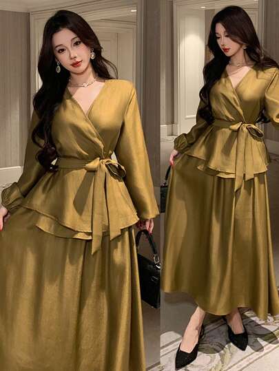 DAZY Women's Elegant Solid Color V-Neck Belted Shirt And A-Line Skirt 2 Pieces Set, Spring/Summer