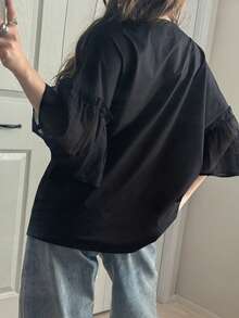 FRIFUL 女款圓領多色對比字母印花胸前裝飾混料拼接寬鬆運動街頭風夏季T恤 - 灰色 - 查看 8