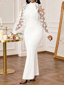 SHEIN Lady 大码女士优雅派对连衣裙，立领、灯笼袖、薄纱、3D贴花和鱼尾裙摆设计，适合春、夏、秋季穿着。 - 白色 - 查看 4