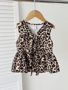 Young Girls Leopard Print Camisole Top With Ruffle Hem, Versatile Casual Everyday Fashionable Outfit For Outings And Photo Shoots - Coffee Brown - View 6