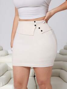 Comfortcana Plus Size Women Solid Color Foldover Mini Bodycon Skirt, Fashionable, Elegant, Minimalist, Casual, Versatile Knit Skirt - Apricot - View 1