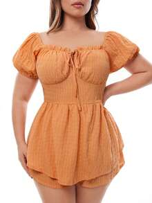Solavibe Women Plus Size Orange Summer Boho Holiday Romper,Casual Square Neck Puff Sleeve Jumpsuit,Waist Cinching A-Line Layered Ruffle Hem Textured Fabric - Orange - View 5