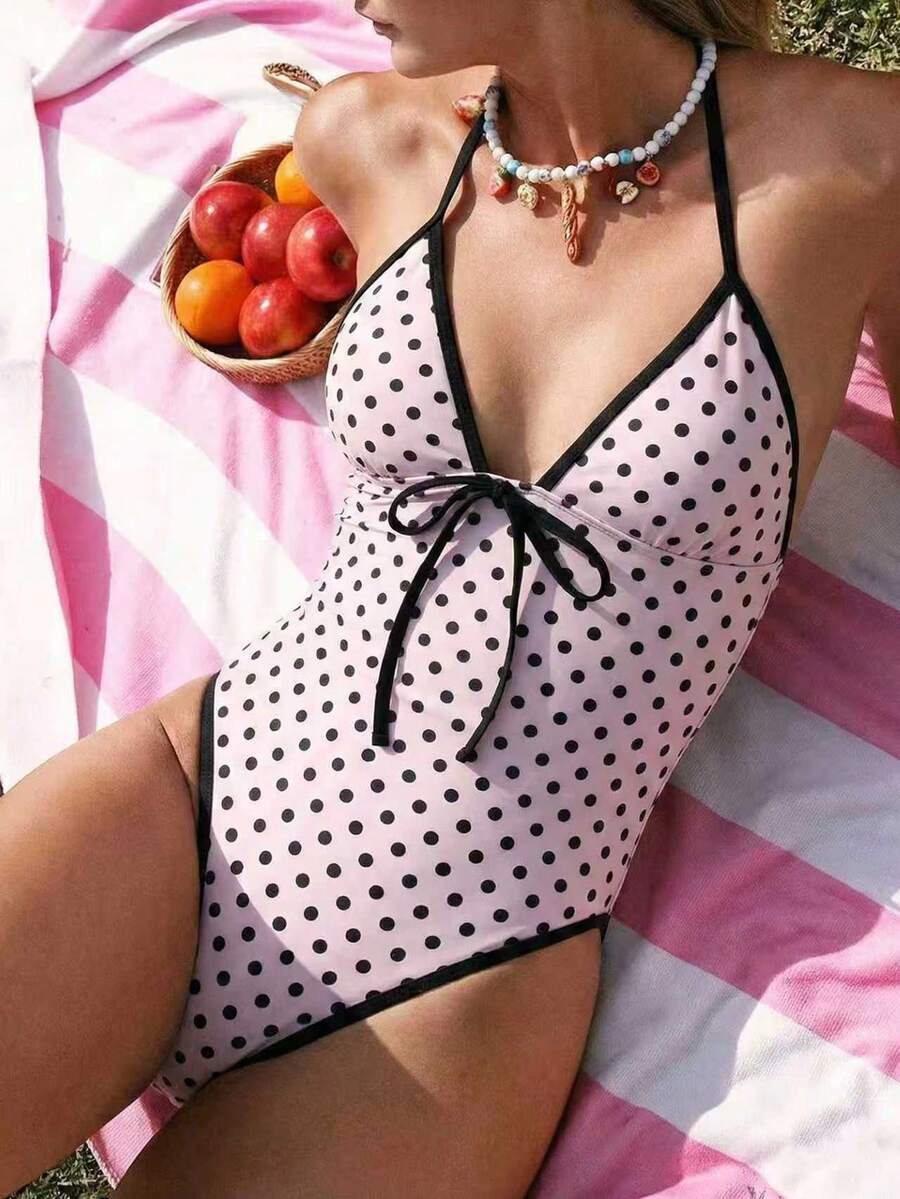 Swim Mod New Polka Dot Print Twist Front One-Piece Swimsuit For Women - Multicolor - View 1