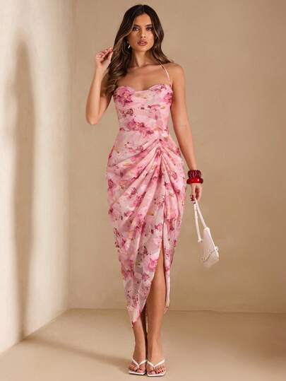 SHEIN BAE Women's Elegant Pink Floral Summer Dress,Jacquard Halter Tie-Front Cutout High Slit Maxi Dress For Wedding Ninang,Bridesmaid,Vacation,Birthday,Dinner